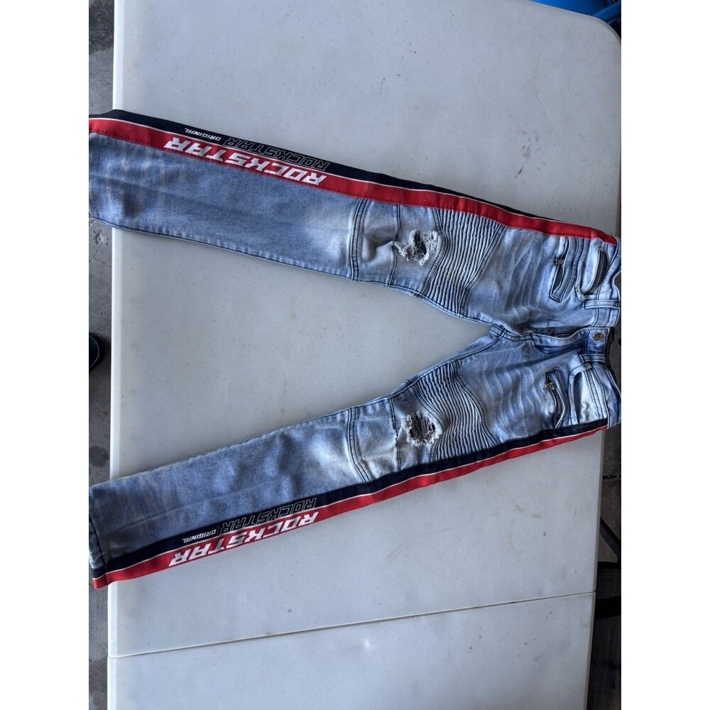 Rockstar Original Boys Size 8 Distressed Moto Biker Jeans Red Side Stripes